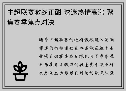 中超联赛激战正酣 球迷热情高涨 聚焦赛季焦点对决