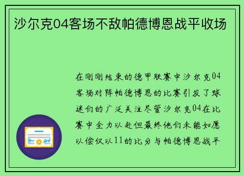 沙尔克04客场不敌帕德博恩战平收场