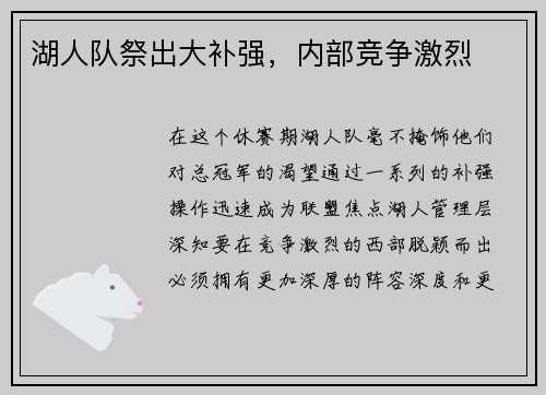 湖人队祭出大补强，内部竞争激烈